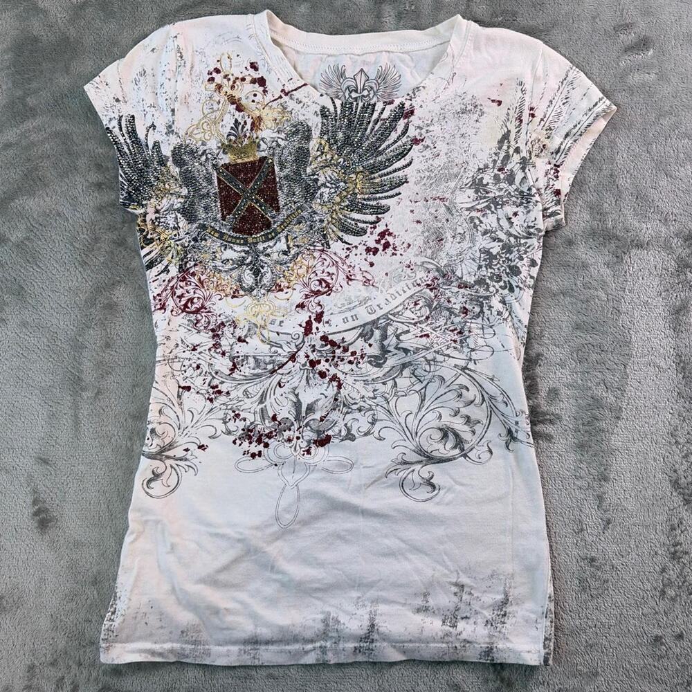 Xzavier Women’s Small Rhinestone Wings Graphic T-Shirt White Y2K